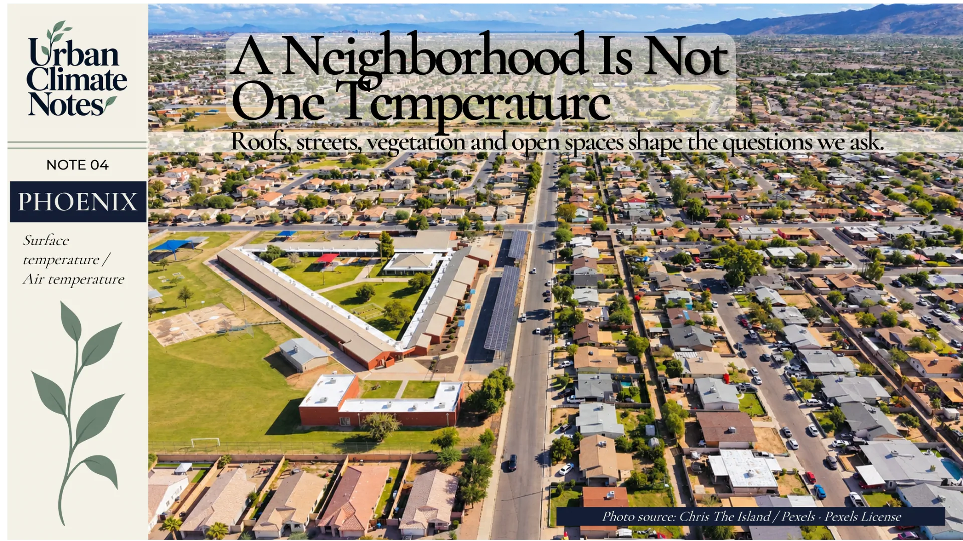 Real aerial photograph of a residential neighbourhood in Arizona with rooftops, roads, vegetation and open spaces.