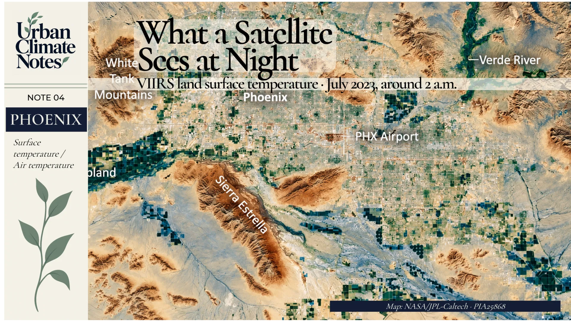 NASA VIIRS nighttime land surface temperatures around Phoenix during the July 2023 heatwave.